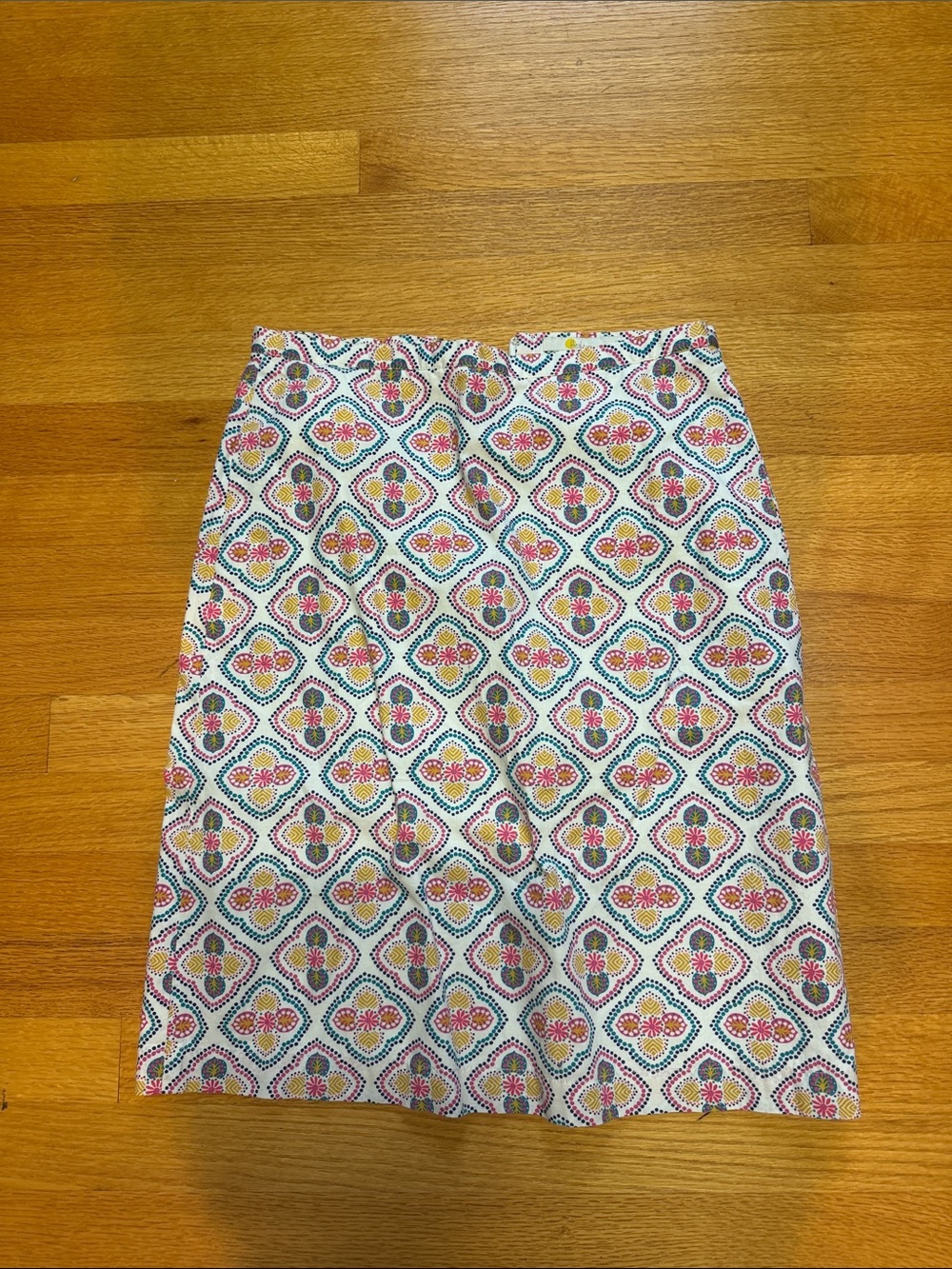 Boden White Pencil Skirt with Pink, Green & Blue Geometric Floral Print